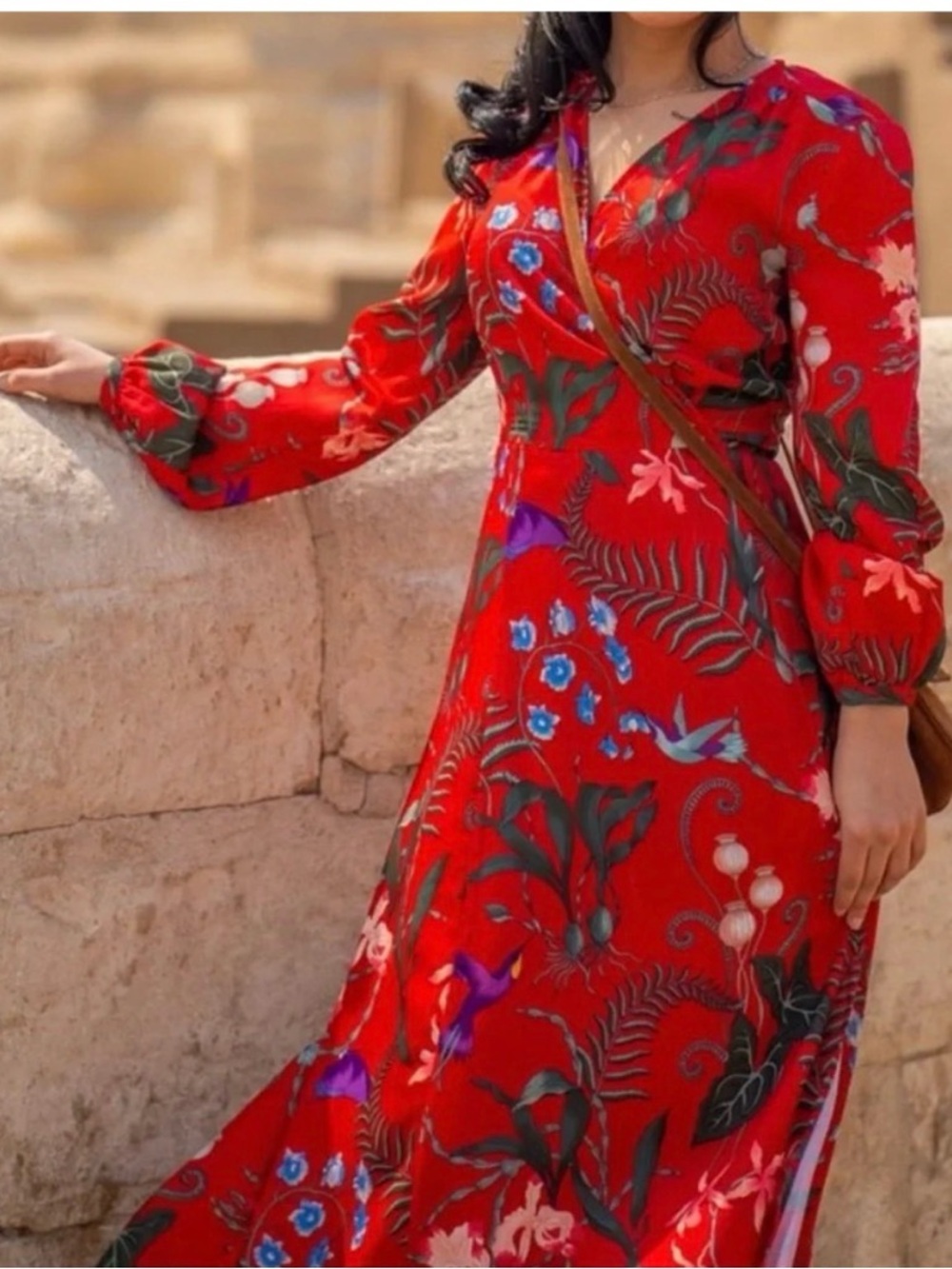 H&M Red Floral Long Sleeve Maxi Wrap Dress